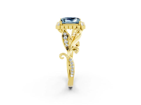 Yellow gold Princess Cut Aquamarine Halo Ring with Vintage Split Shank and Four-Prong Setting_2