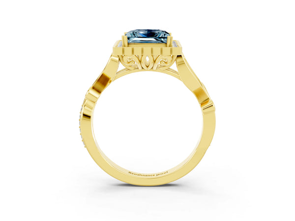 Yellow gold Princess Cut Aquamarine Halo Ring with Vintage Split Shank and Four-Prong Setting