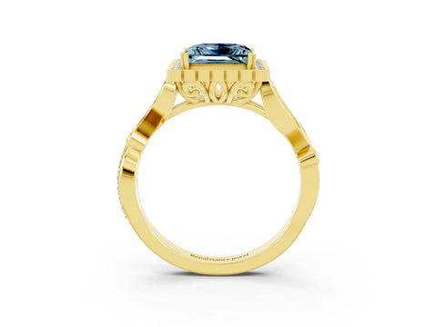 Yellow gold Princess Cut Aquamarine Halo Ring with Vintage Split Shank and Four-Prong Setting_3