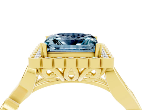 Yellow gold Princess Cut Aquamarine Halo Ring with Vintage Split Shank and Four-Prong Setting_4