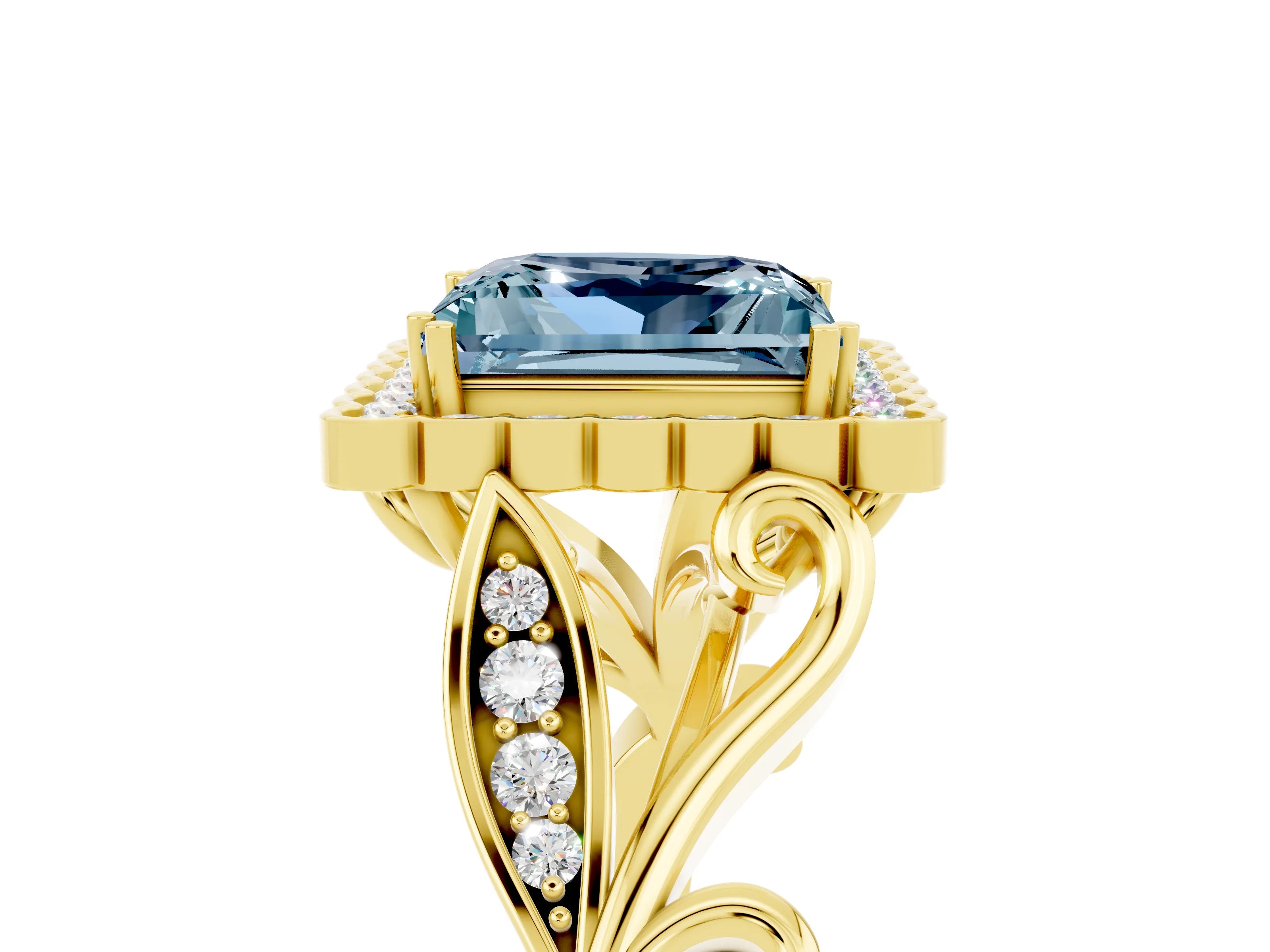 Yellow gold Princess Cut Aquamarine Halo Ring with Vintage Split Shank and Four-Prong Setting_5