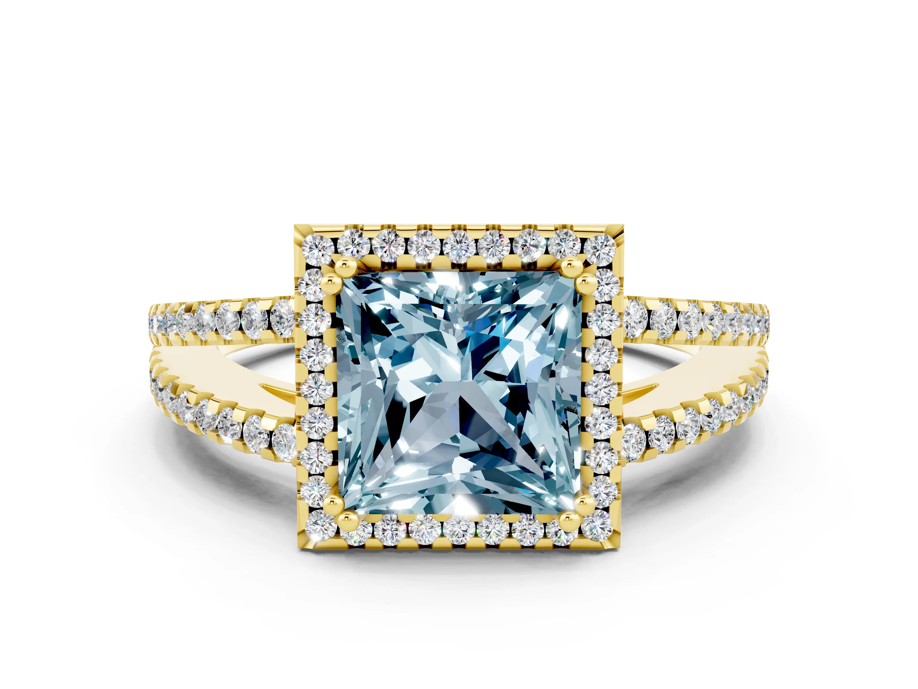 Yellow gold Princess Cut Aquamarine Halo Split Shank Engagement Ring_12