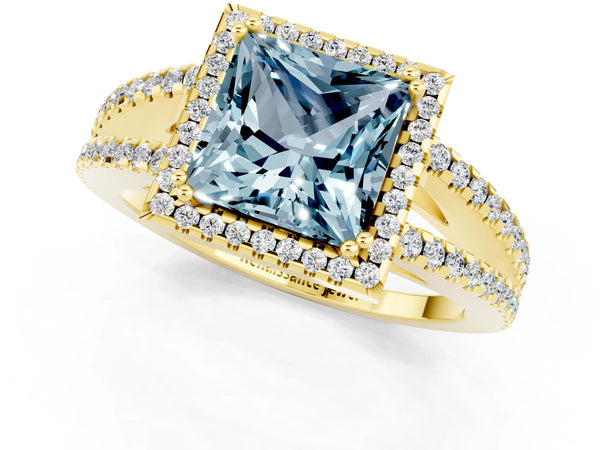 Yellow gold Princess Cut Aquamarine Halo Split Shank Engagement Ring