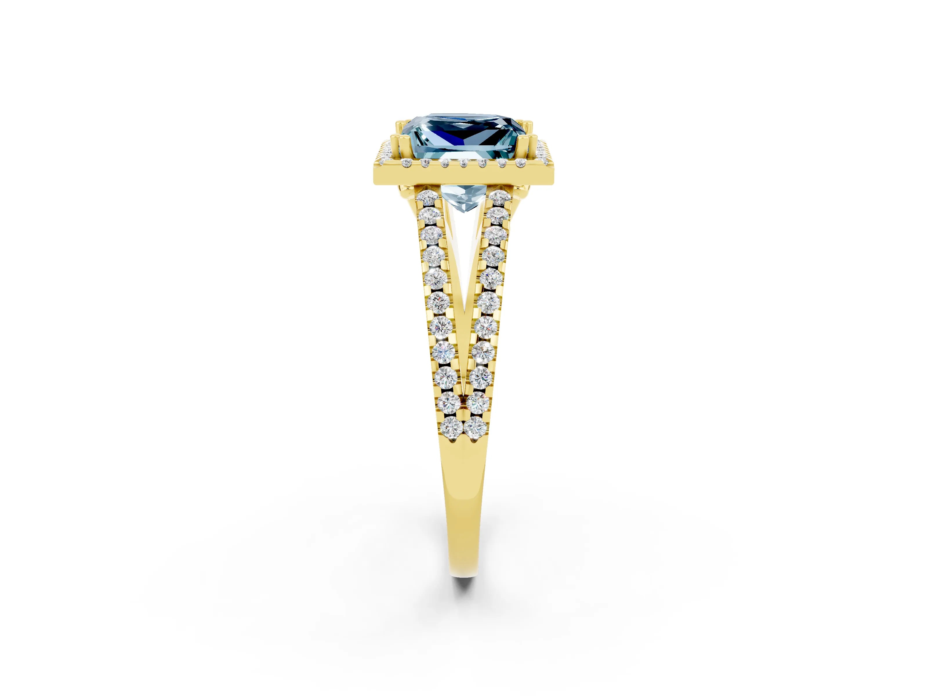 Yellow gold Princess Cut Aquamarine Halo Split Shank Engagement Ring_14