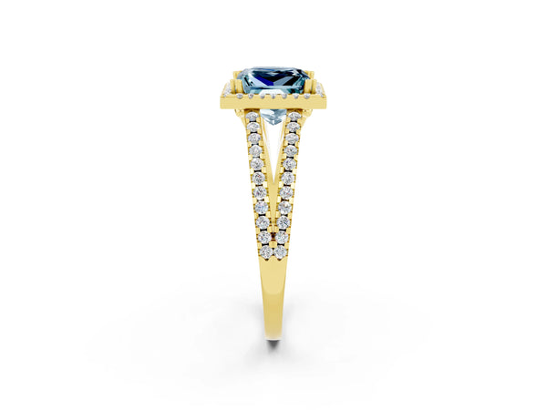 Yellow gold Princess Cut Aquamarine Halo Split Shank Engagement Ring