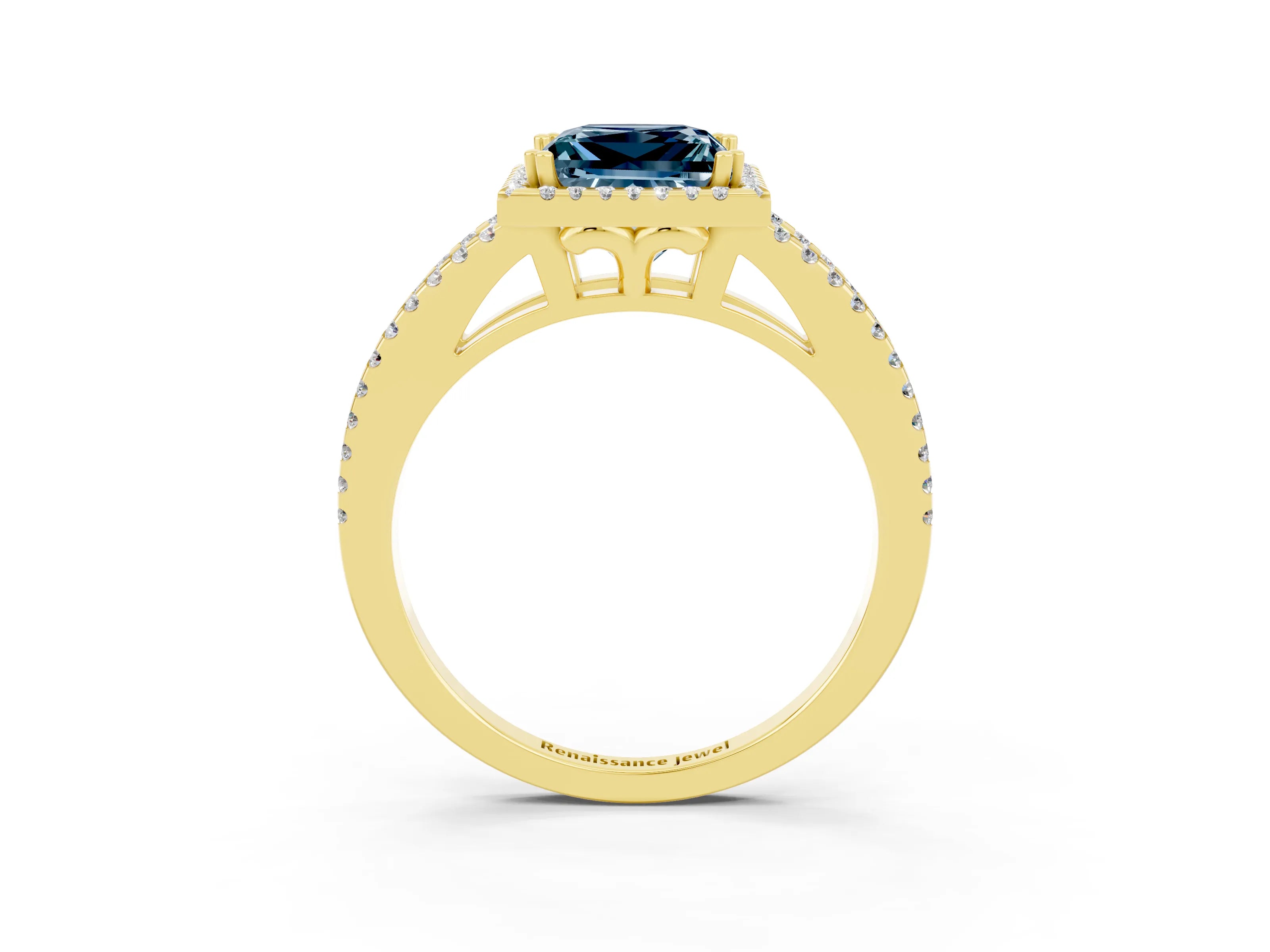 Yellow gold Princess Cut Aquamarine Halo Split Shank Engagement Ring_15
