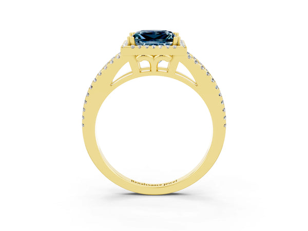 Yellow gold Princess Cut Aquamarine Halo Split Shank Engagement Ring