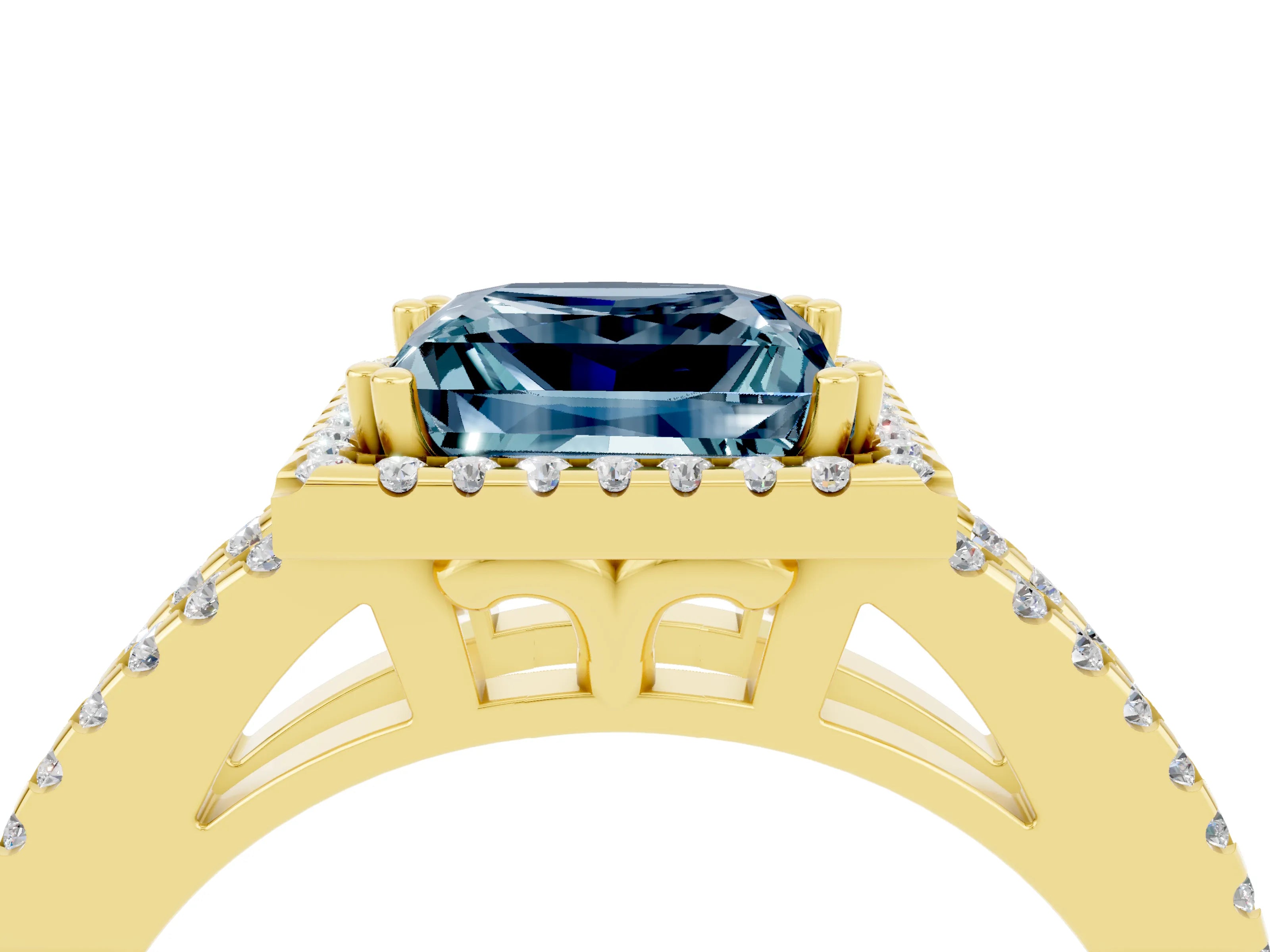 Yellow gold Princess Cut Aquamarine Halo Split Shank Engagement Ring_16