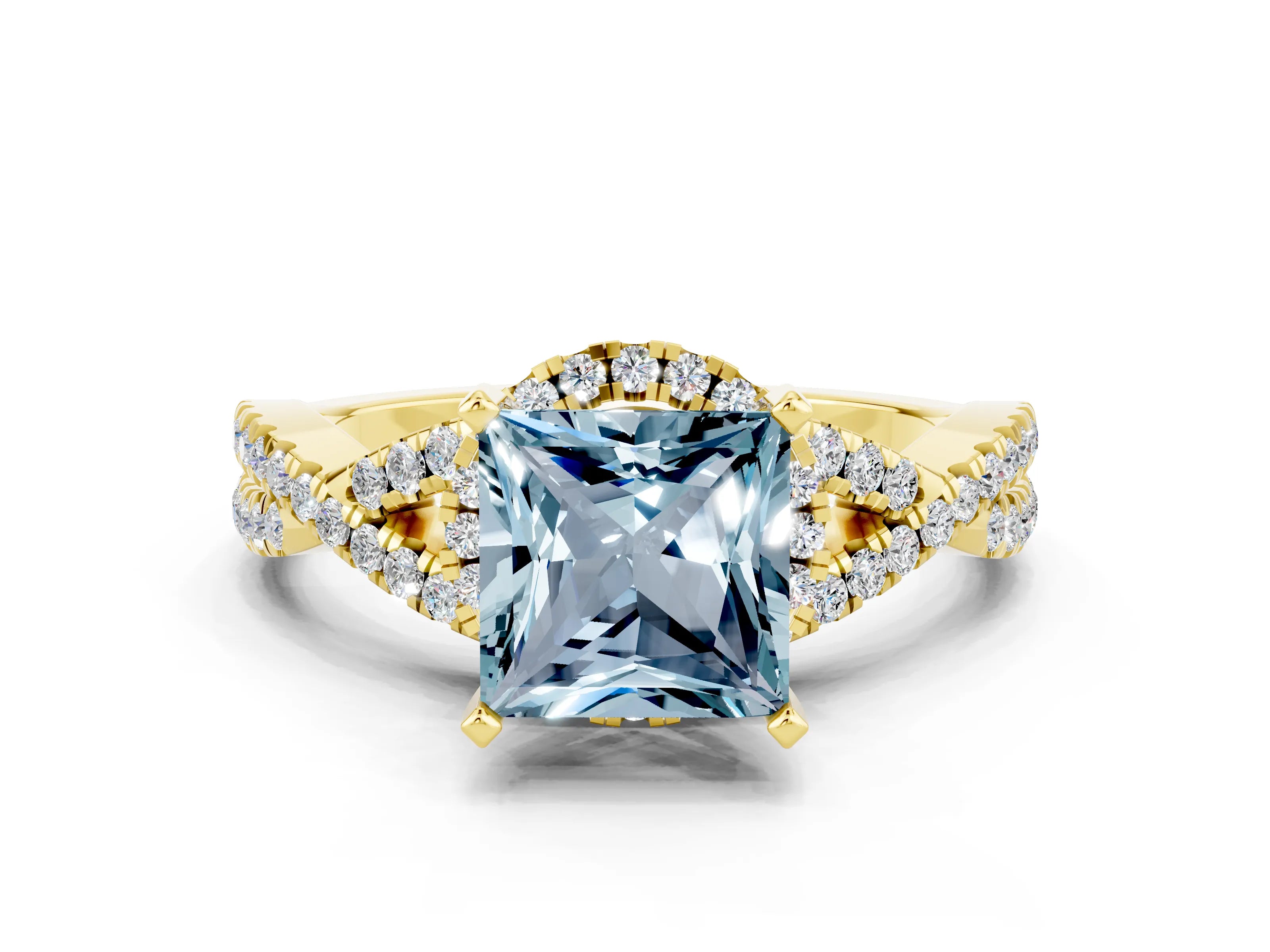Yellow gold Princess Cut Aquamarine Halo Twist Band Solitaire Prong Setting Ring