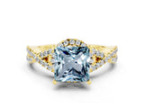 Yellow gold Princess Cut Aquamarine Halo Twist Band Solitaire Prong Setting Ring