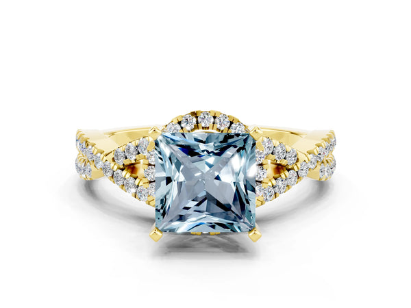Yellow gold Princess Cut Aquamarine  Halo Twist Band Solitaire Prong Setting Ring