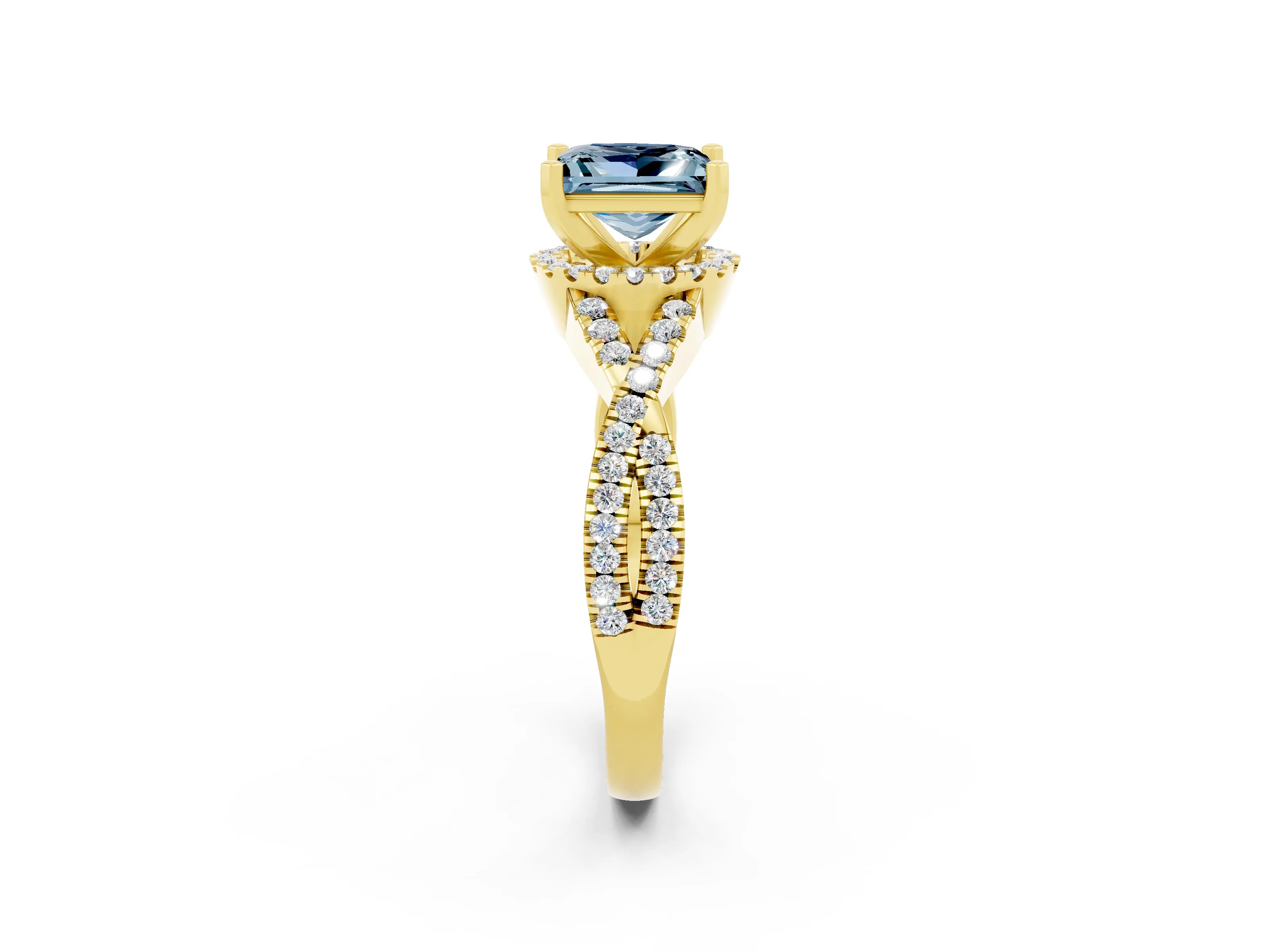 Yellow gold Princess Cut Aquamarine Halo Twist Band Solitaire Prong Setting Ring_2