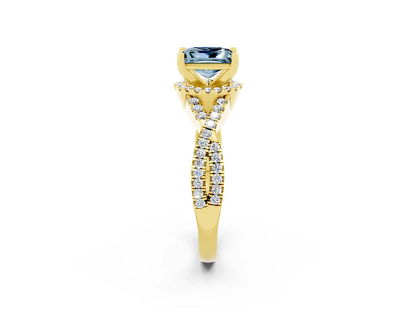 Yellow gold Princess Cut Aquamarine  Halo Twist Band Solitaire Prong Setting Ring