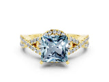 Yellow gold Princess Cut Aquamarine  Halo Twist Band Solitaire Prong Setting Ring_24