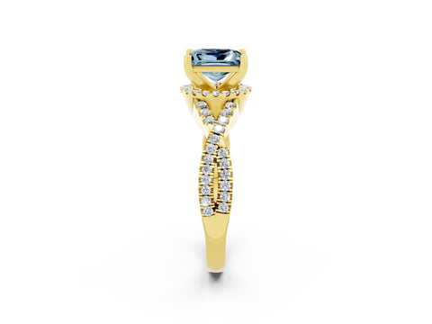 Yellow gold Princess Cut Aquamarine Halo Twist Band Solitaire Prong Setting Ring_2