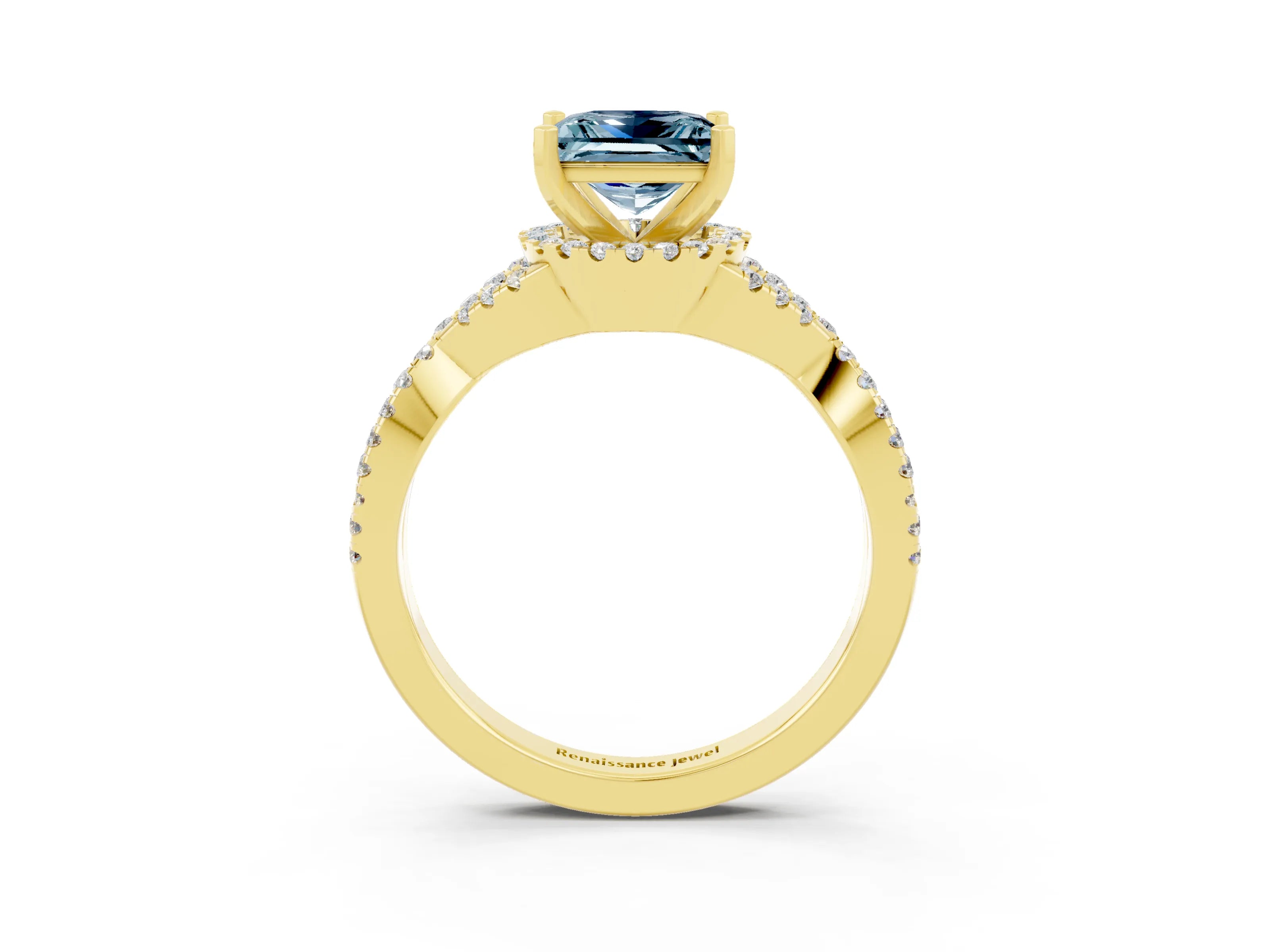 Yellow gold Princess Cut Aquamarine Halo Twist Band Solitaire Prong Setting Ring_3