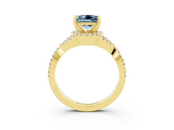 Yellow gold Princess Cut Aquamarine  Halo Twist Band Solitaire Prong Setting Ring