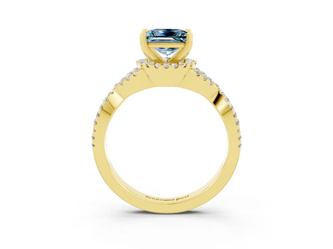 Yellow gold Princess Cut Aquamarine Halo Twist Band Solitaire Prong Setting Ring_3