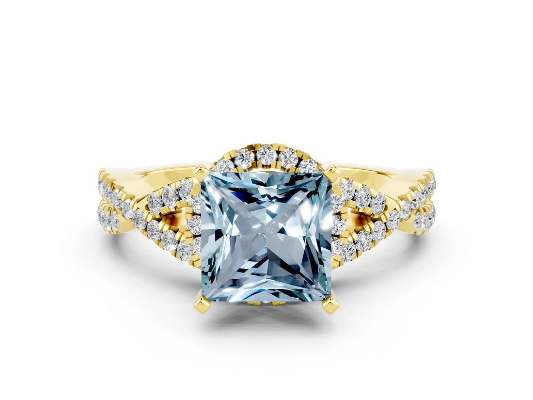 Yellow gold Princess Cut Aquamarine  Halo Twist Band Solitaire Prong Setting Ring_42