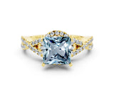 Yellow gold Princess Cut Aquamarine  Halo Twist Band Solitaire Prong Setting Ring_42