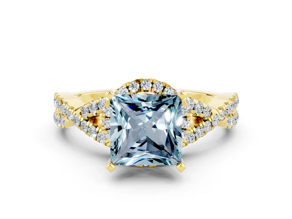 Yellow gold Princess Cut Aquamarine  Halo Twist Band Solitaire Prong Setting Ring