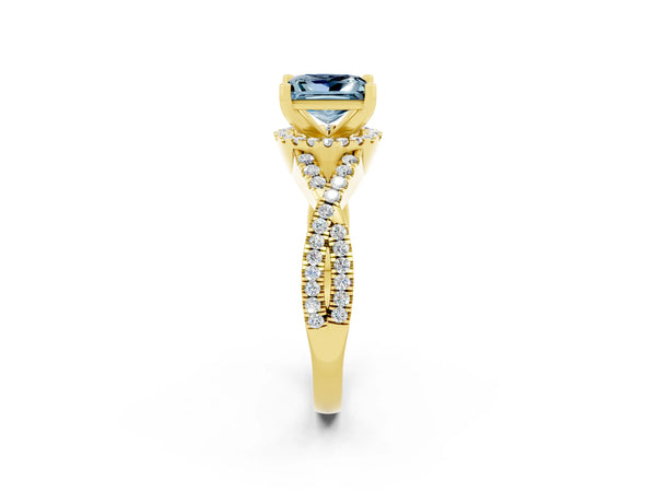 Yellow gold Princess Cut Aquamarine  Halo Twist Band Solitaire Prong Setting Ring