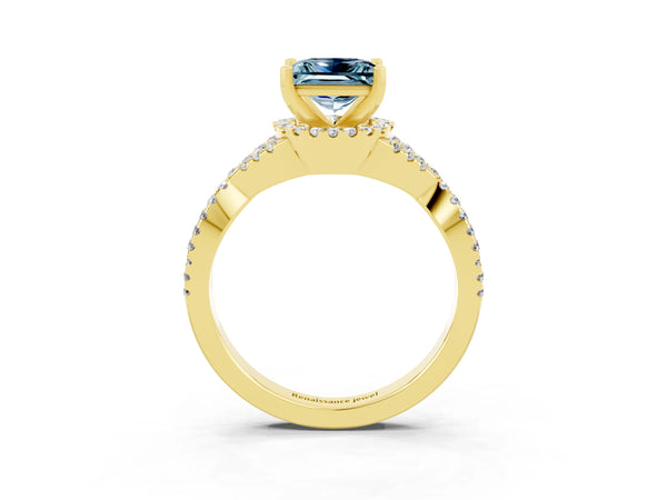 Yellow gold Princess Cut Aquamarine  Halo Twist Band Solitaire Prong Setting Ring