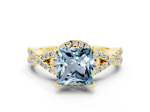 Yellow gold Princess Cut Aquamarine Halo Twist Band Solitaire Prong Setting Ring