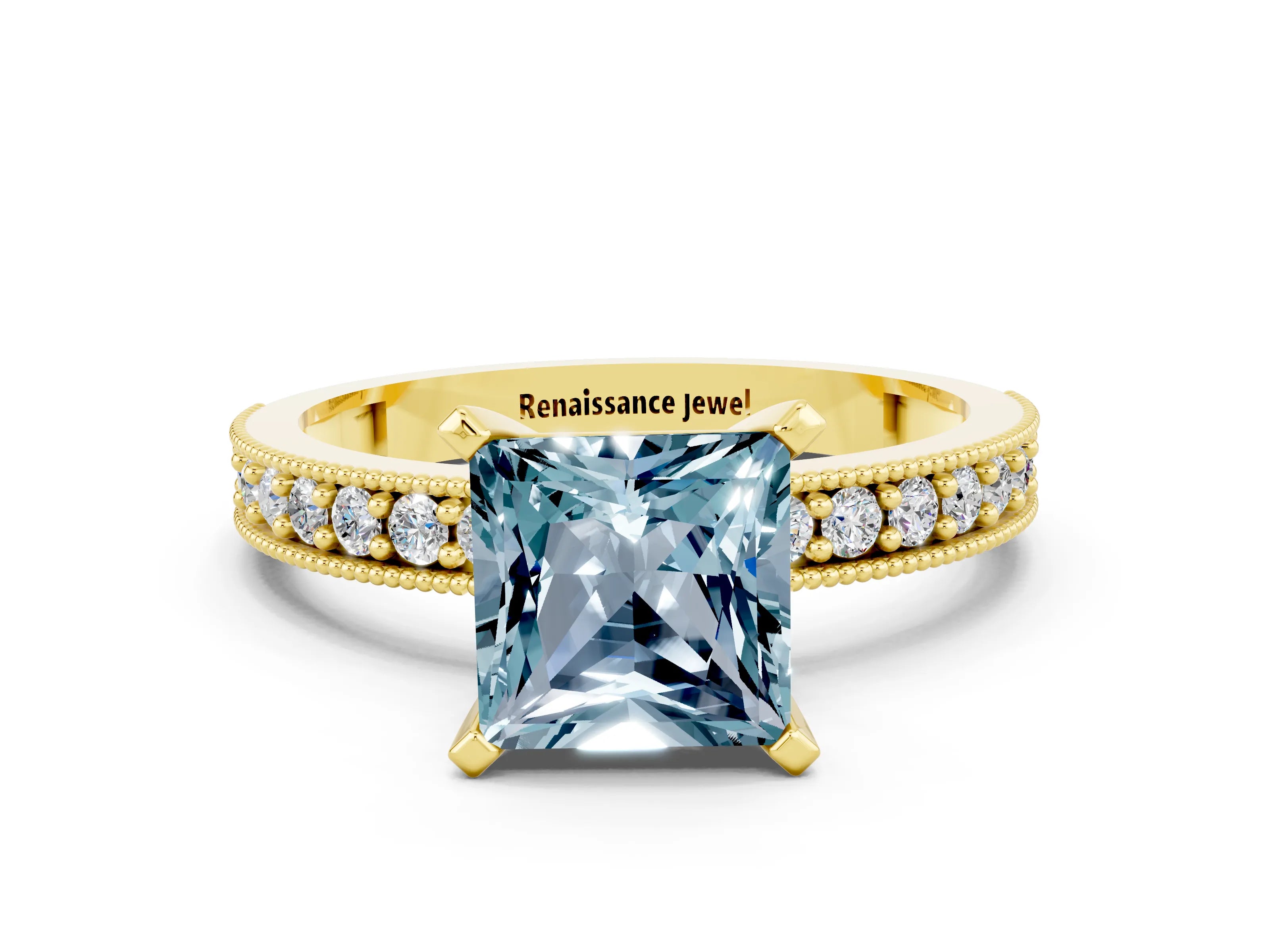 Yellow gold Princess Cut Aquamarine Milgrain Pavé Engagement Ring with Four-Prong Setting_12