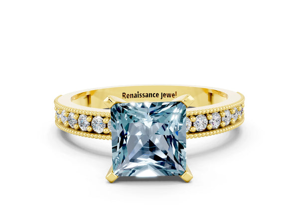 Yellow gold Princess Cut Aquamarine Milgrain Pavé Engagement Ring with Four-Prong Setting