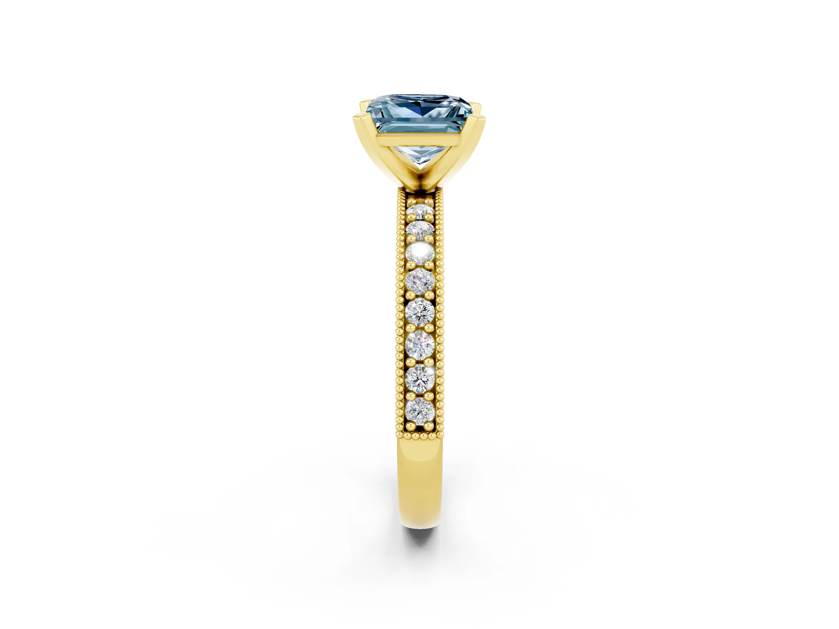 Yellow gold Princess Cut Aquamarine Milgrain Pavé Engagement Ring with Four-Prong Setting_14