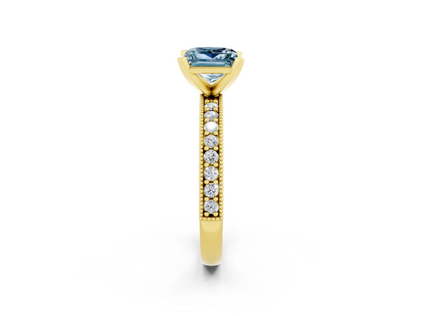Yellow gold Princess Cut Aquamarine Milgrain Pavé Engagement Ring with Four-Prong Setting