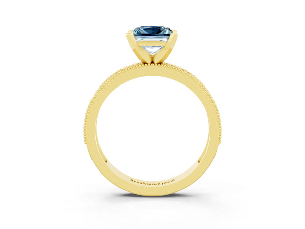 Yellow gold Princess Cut Aquamarine Milgrain Pavé Engagement Ring with Four-Prong Setting