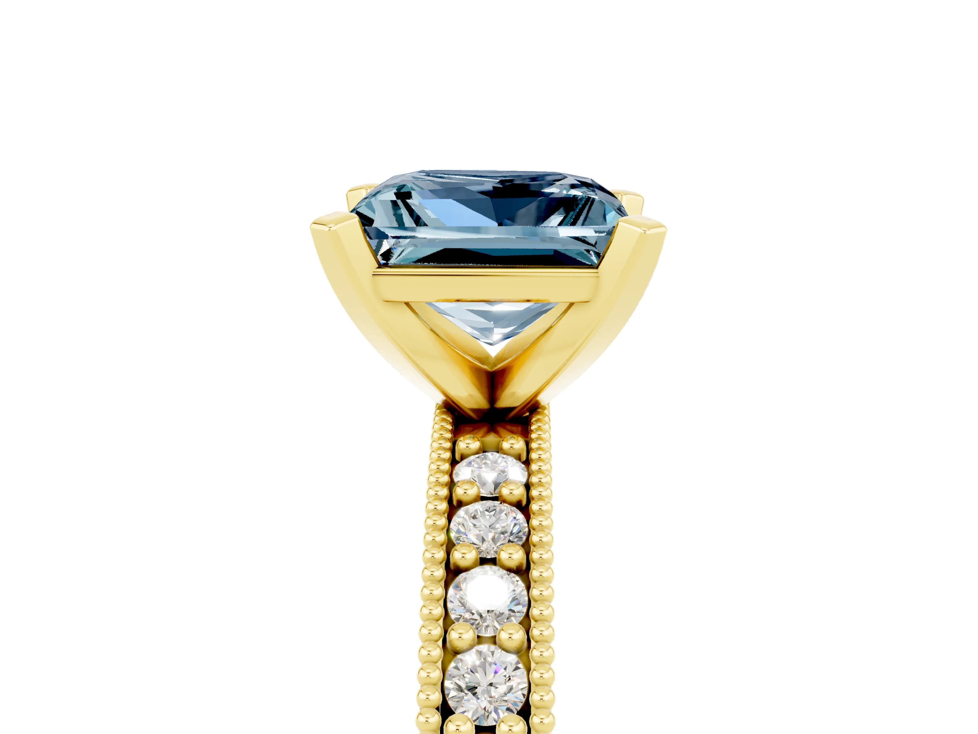 Yellow gold Princess Cut Aquamarine Milgrain Pavé Engagement Ring with Four-Prong Setting_17