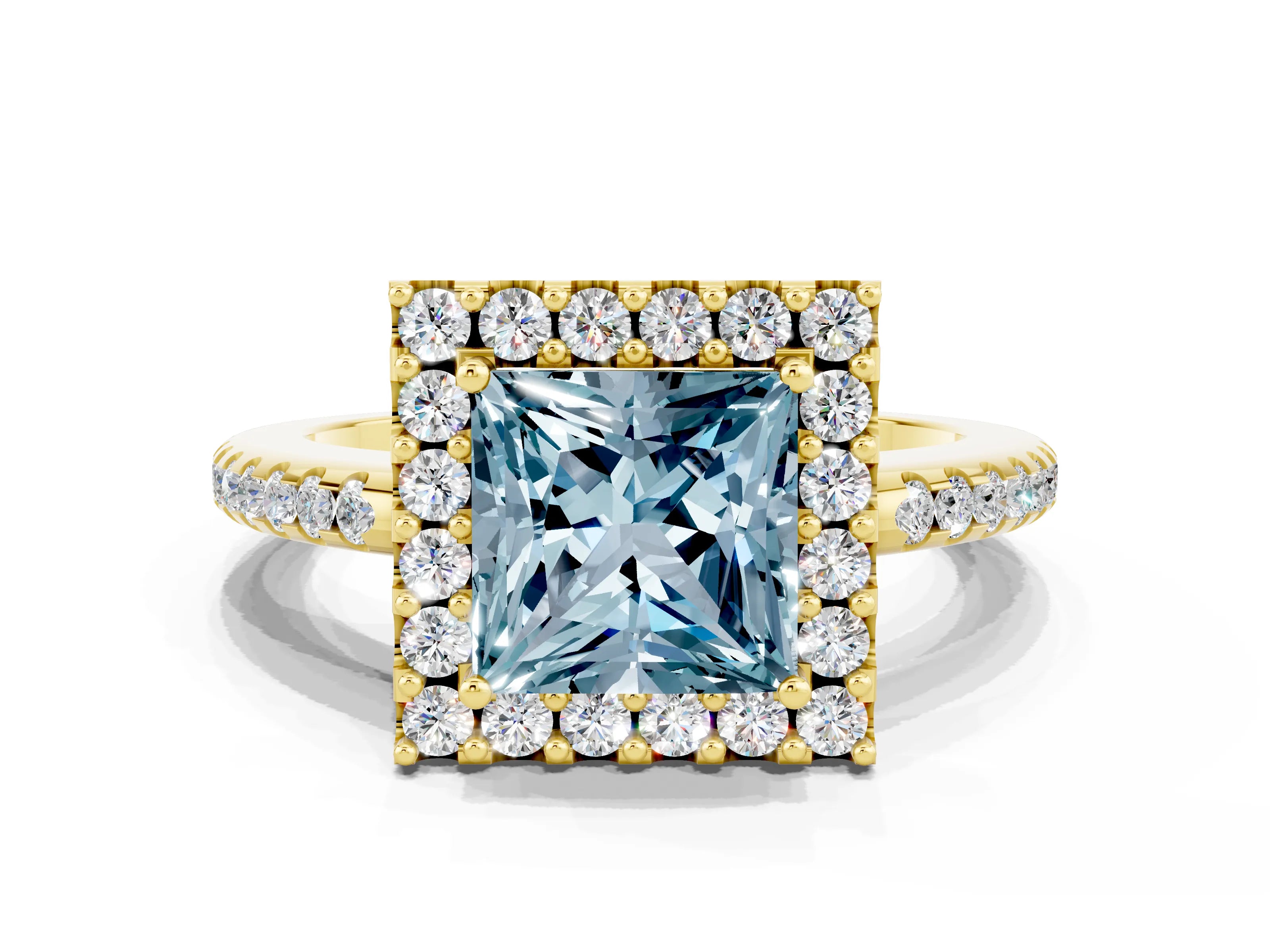 Yellow gold Princess Cut Aquamarine Pavé Halo Ring with Four-Prong Setting_12