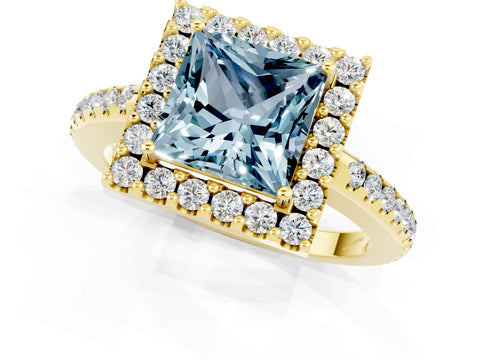 Yellow gold Princess Cut Aquamarine Pavé Halo Ring with Four-Prong Setting_13