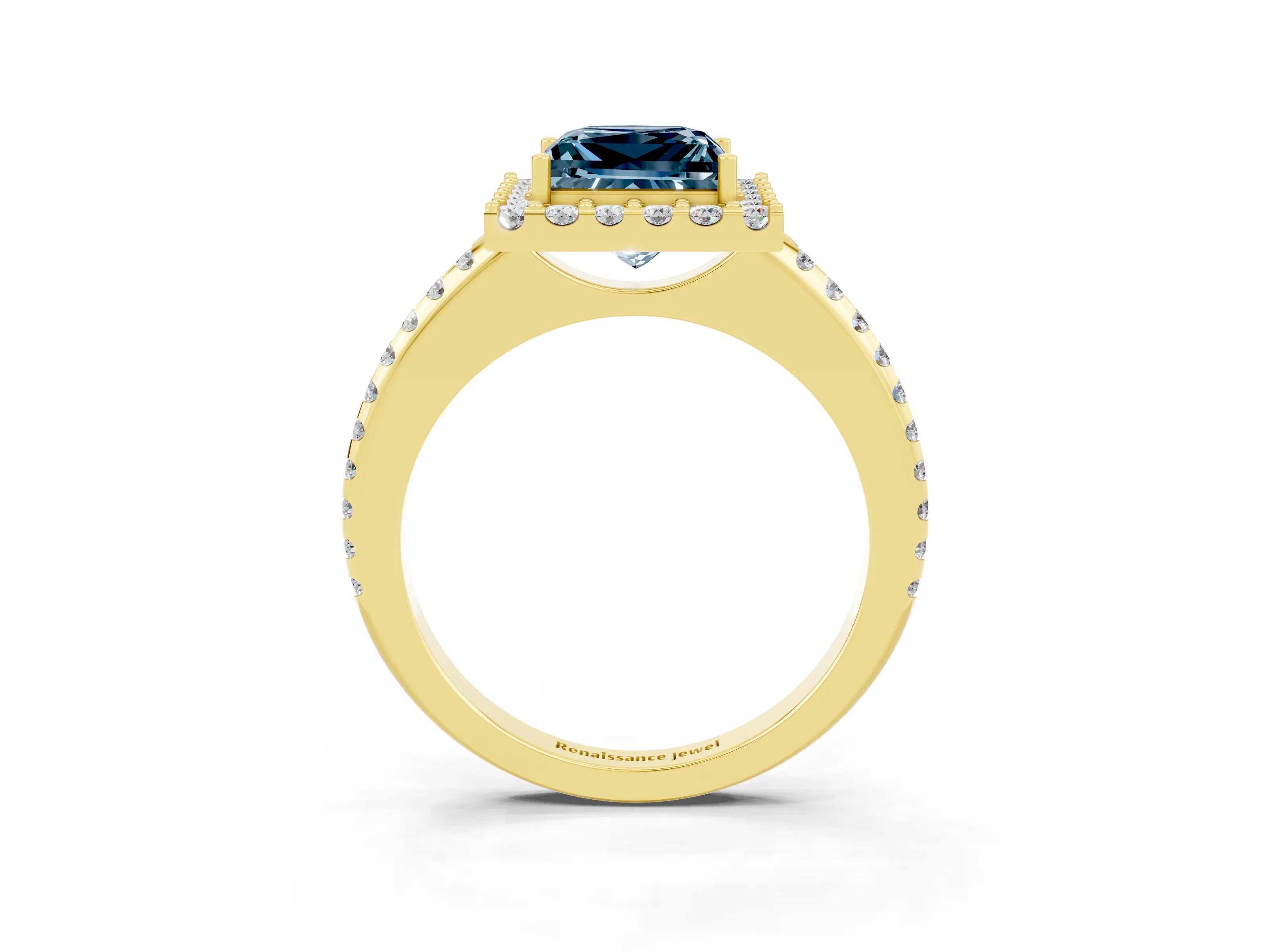 Yellow gold Princess Cut Aquamarine Pavé Halo Ring with Four-Prong Setting_15