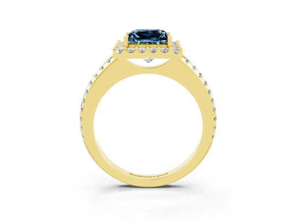 Yellow gold Princess Cut Aquamarine Pavé Halo Ring with Four-Prong Setting