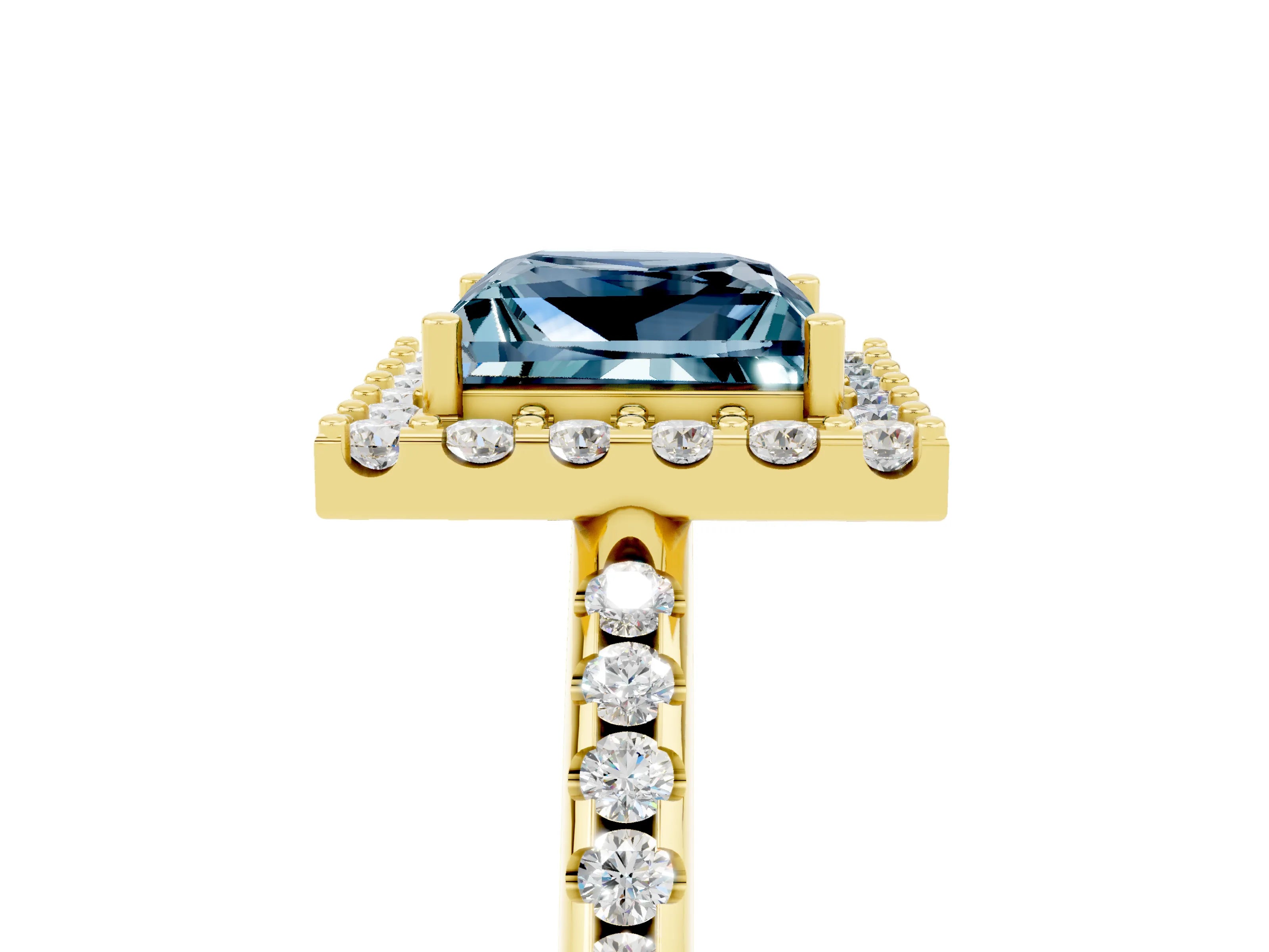 Yellow gold Princess Cut Aquamarine Pavé Halo Ring with Four-Prong Setting_17