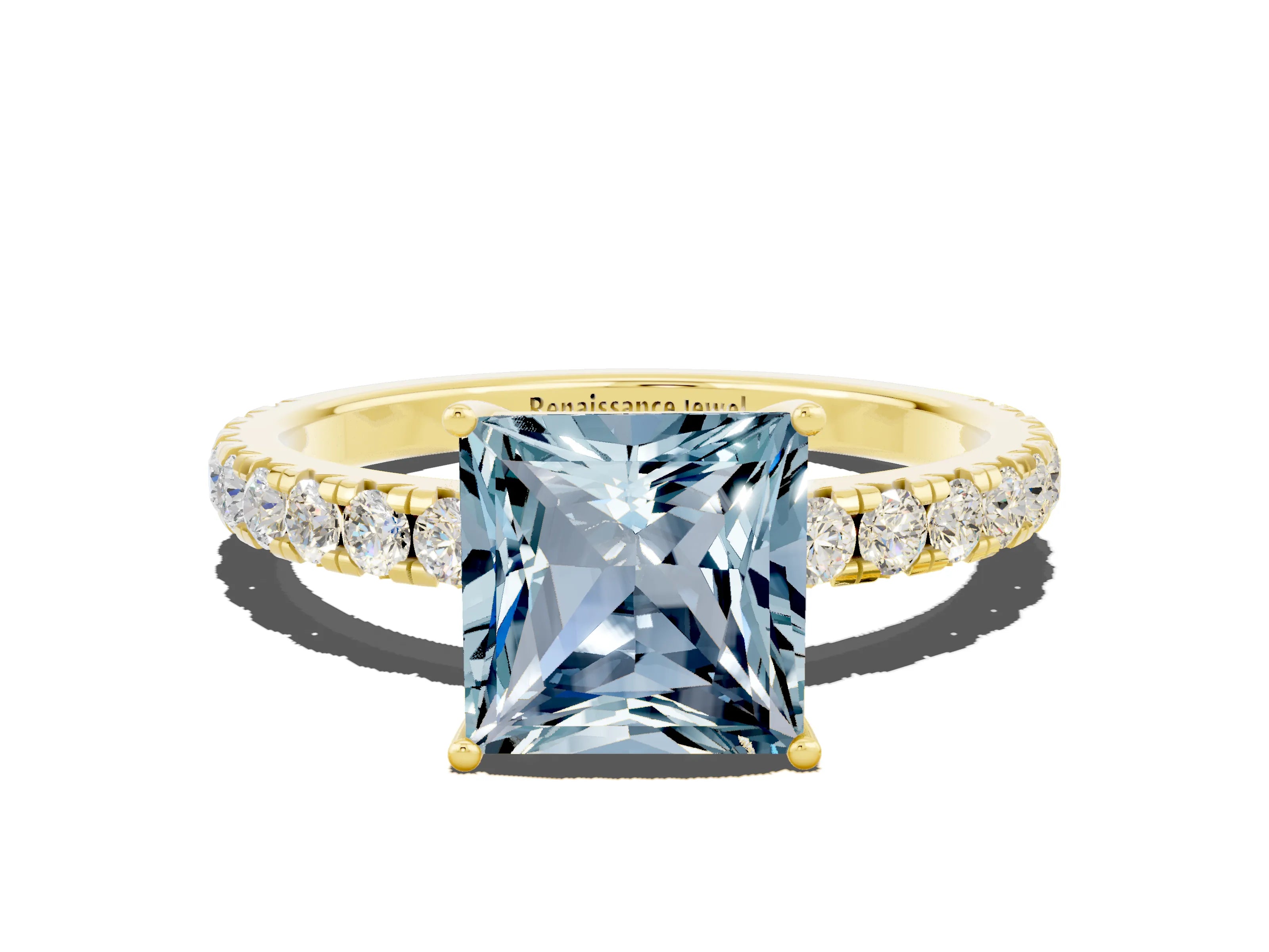 Yellow gold Princess Cut Aquamarine Pavé Solitaire Engagement Ring with Four-Prong Setting_12