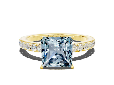 Yellow gold Princess Cut Aquamarine Pavé Solitaire Engagement Ring with Four-Prong Setting_12