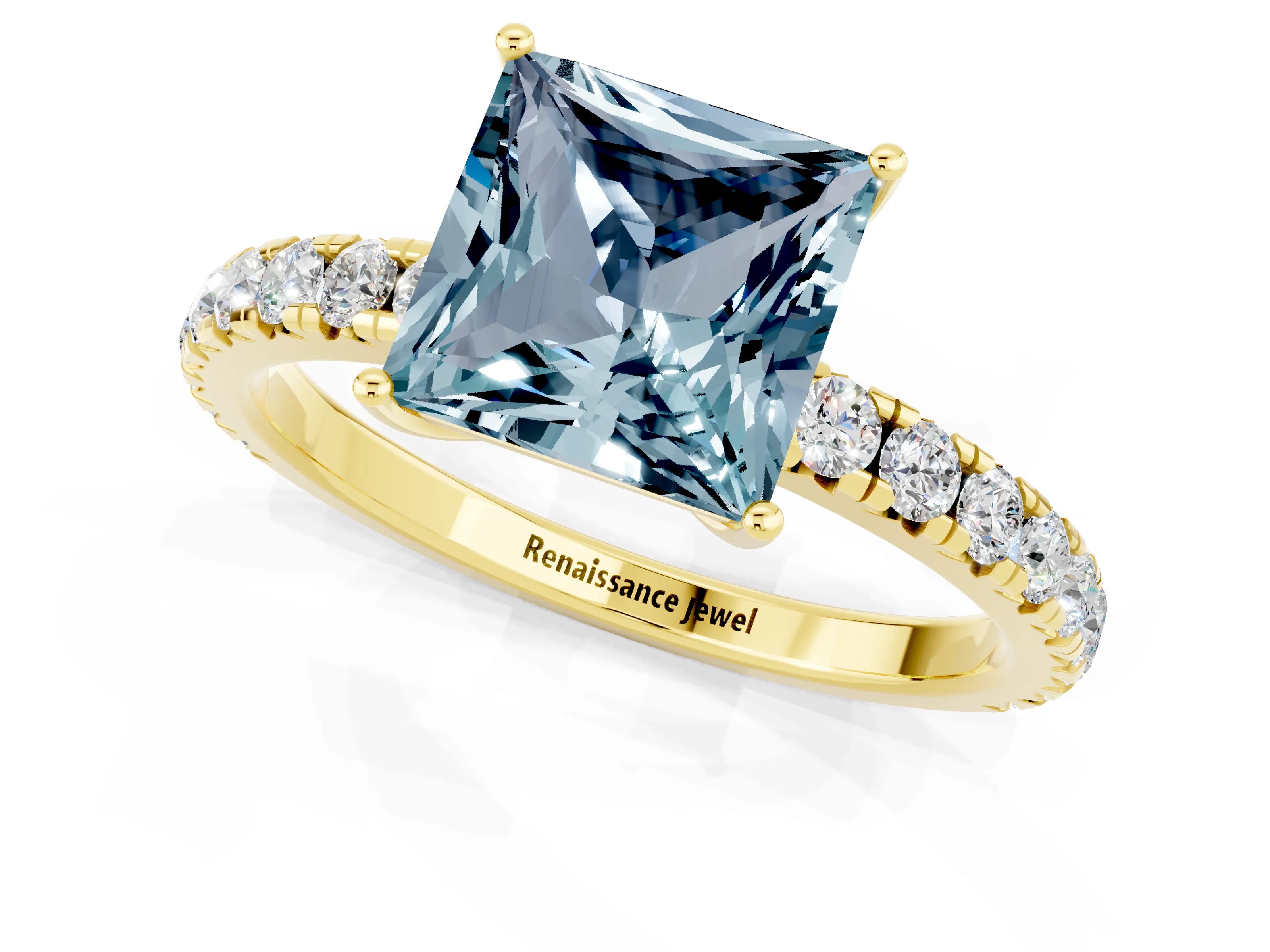 Yellow gold Princess Cut Aquamarine Pavé Solitaire Engagement Ring with Four-Prong Setting_13