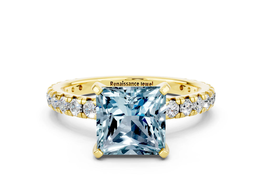 Yellow gold Princess Cut Aquamarine Pavé Solitaire Ring with Round Band and Prong Setting_24