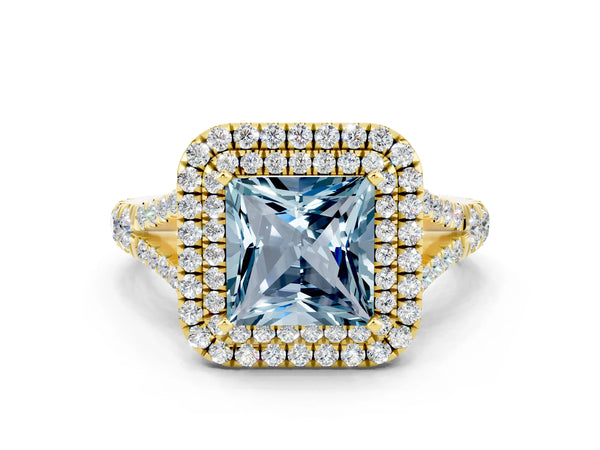 Yellow gold Princess Cut Aquamarine Pavé Split Shank Double Halo Engagement Ring