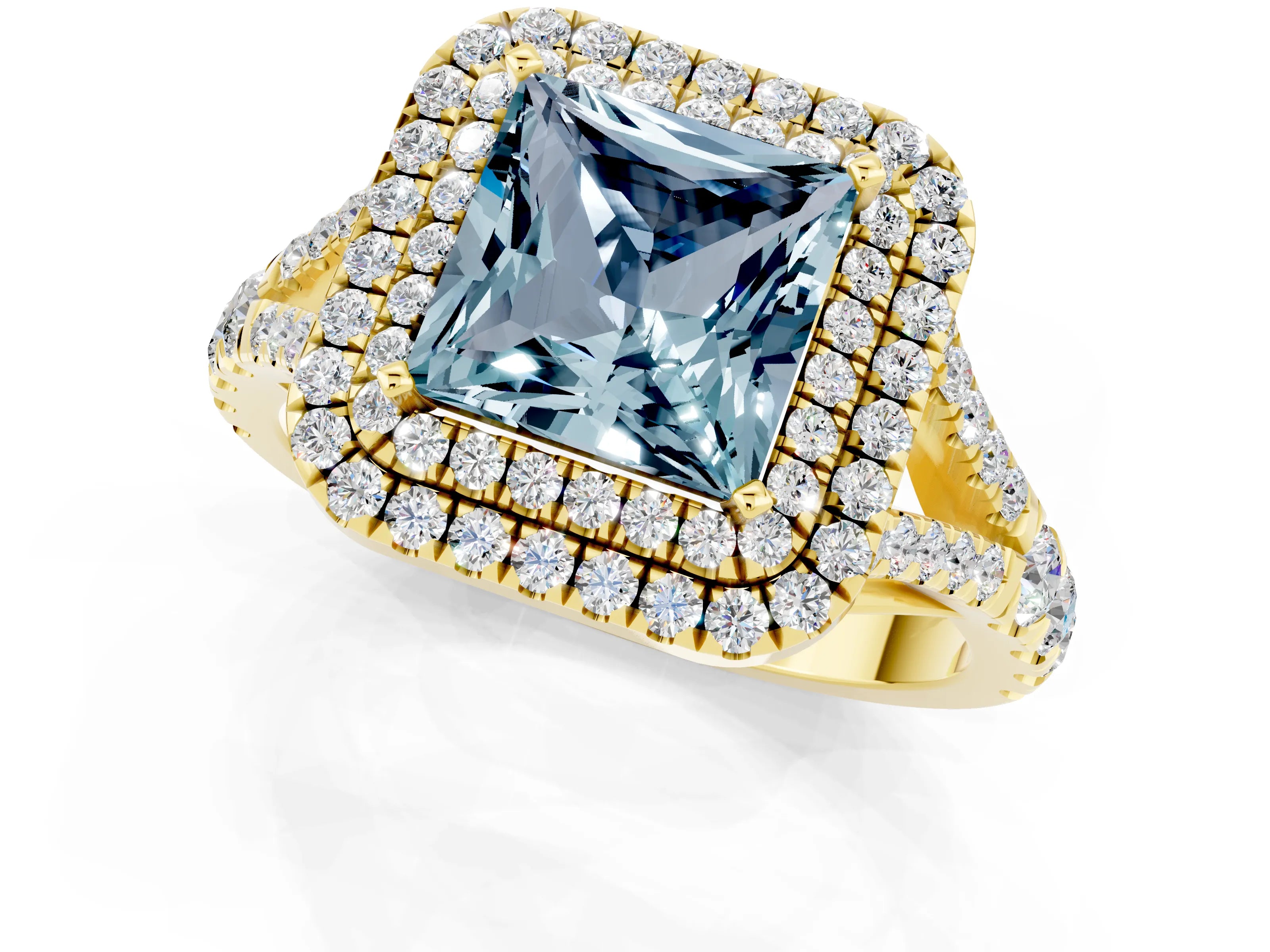Yellow gold Princess Cut Aquamarine Pavé Split Shank Double Halo Engagement Ring_1