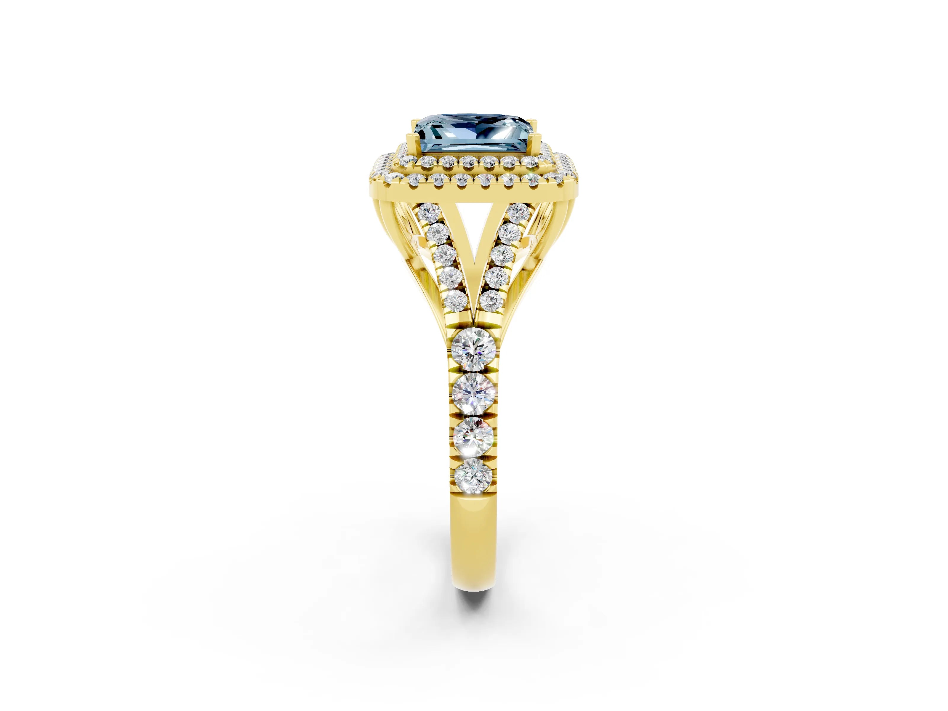 Yellow gold Princess Cut Aquamarine Pavé Split Shank Double Halo Engagement Ring_2