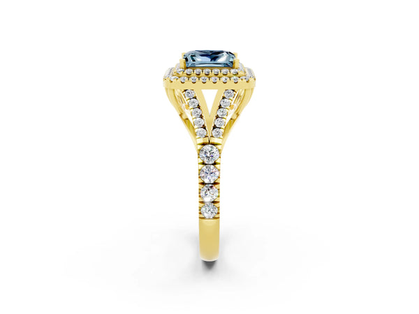 Yellow gold Princess Cut Aquamarine Pavé Split Shank Double Halo Engagement Ring