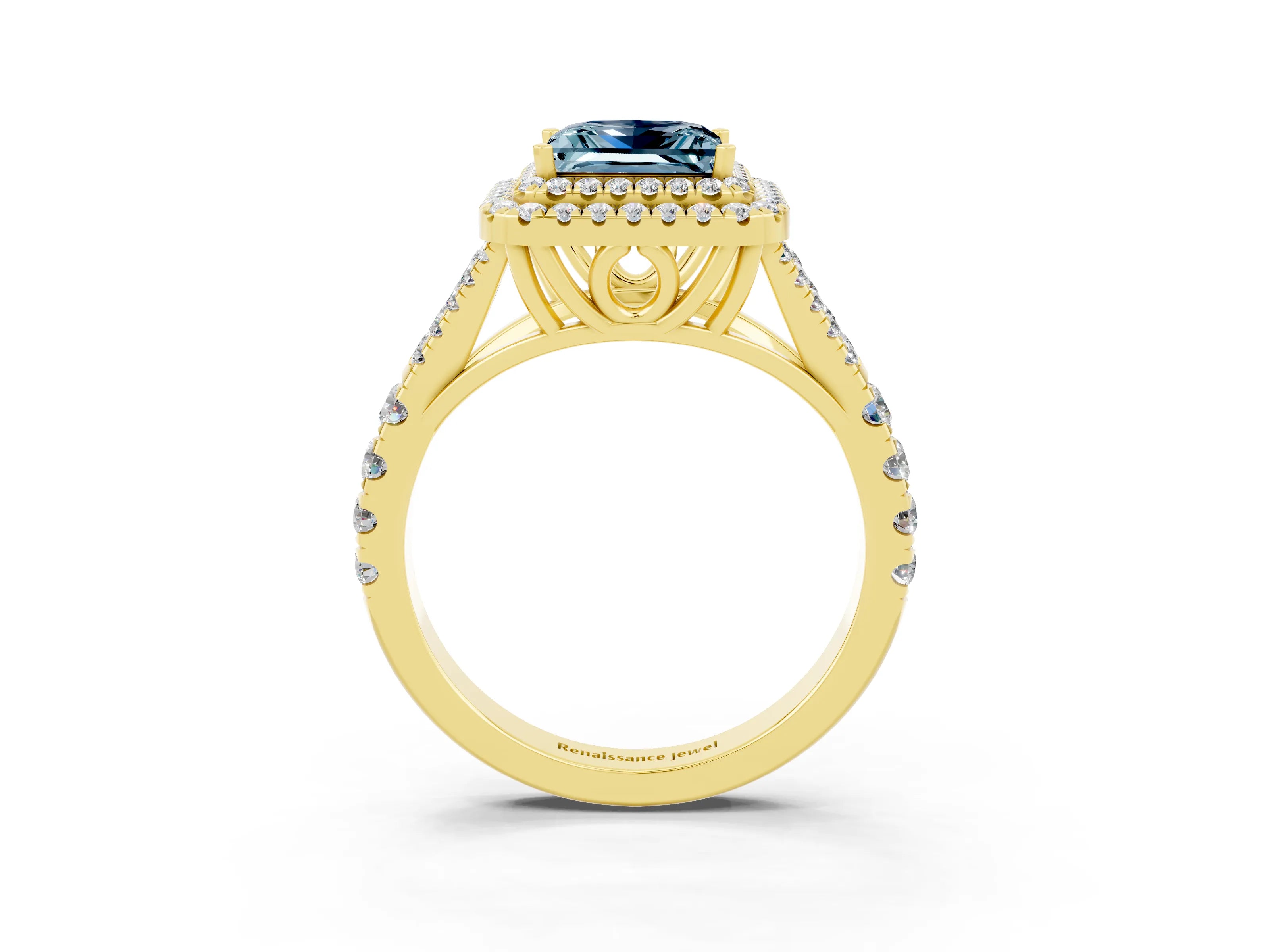 Yellow gold Princess Cut Aquamarine Pavé Split Shank Double Halo Engagement Ring_3