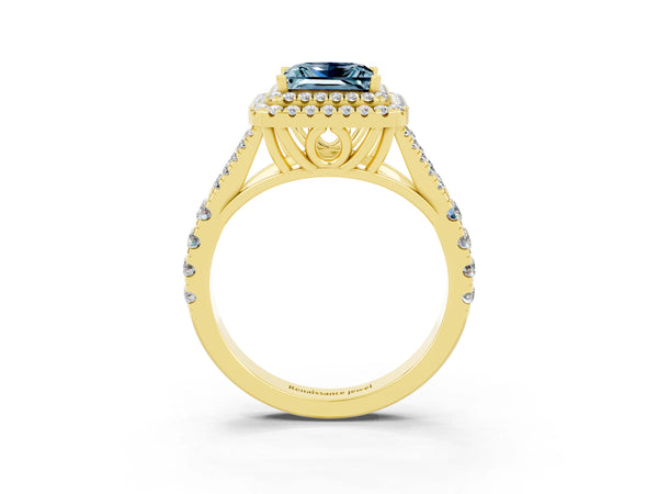 Yellow gold Princess Cut Aquamarine Pavé Split Shank Double Halo Engagement Ring