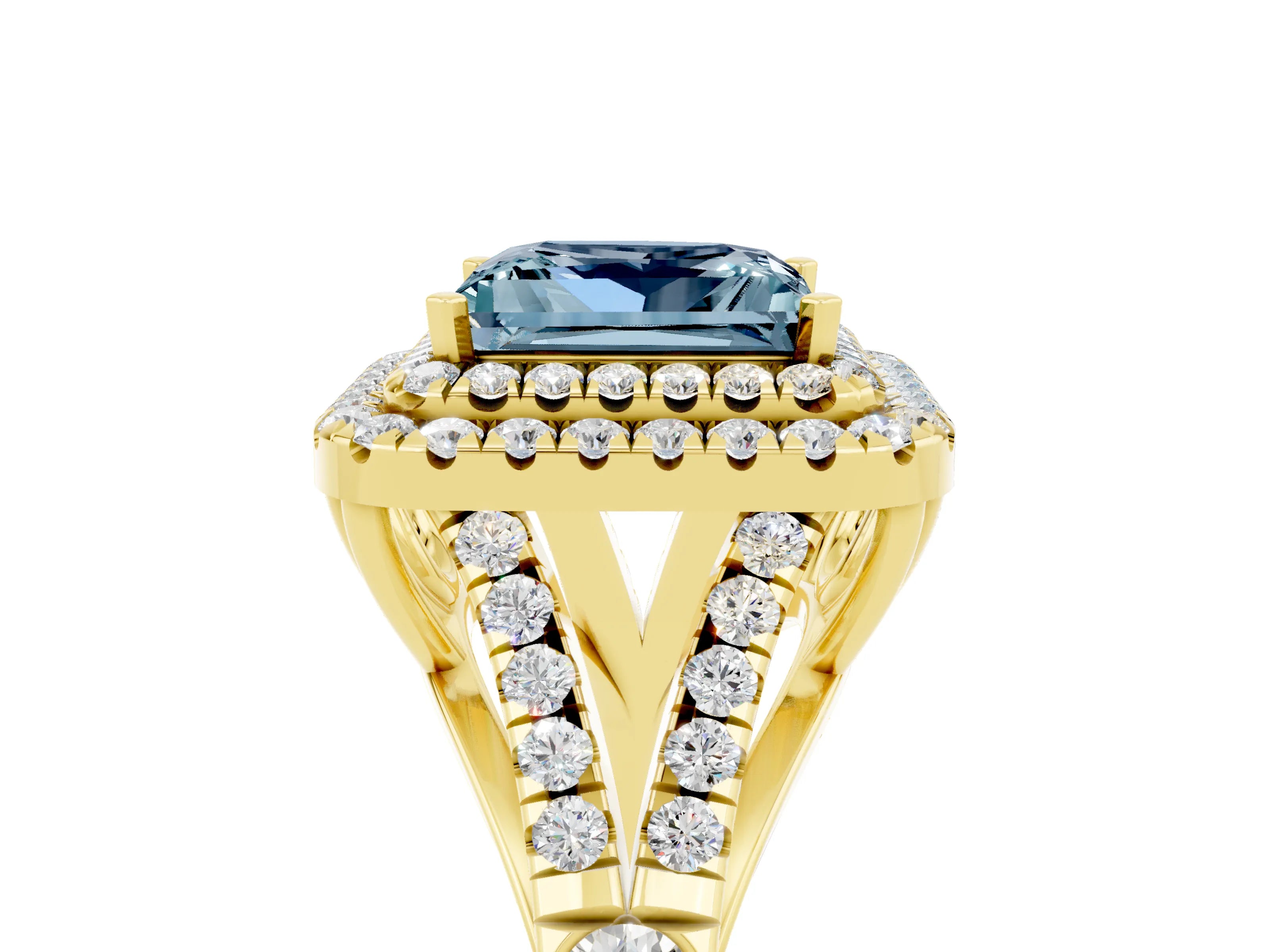Yellow gold Princess Cut Aquamarine Pavé Split Shank Double Halo Engagement Ring_5